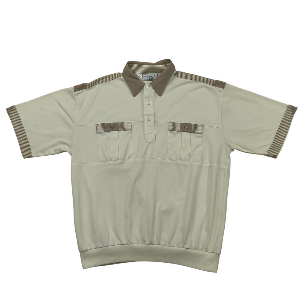 Classics by Palmland Mens Large Cream Tan Striped Banded Waist Polo Golf Shirt